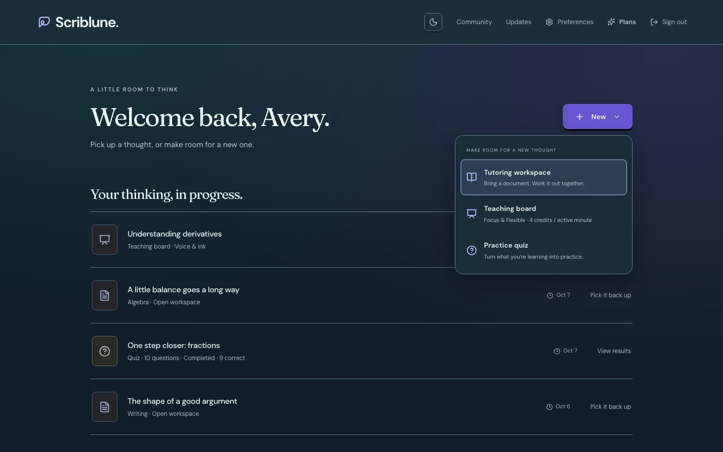 The Aurora desk with the new workspace menu open