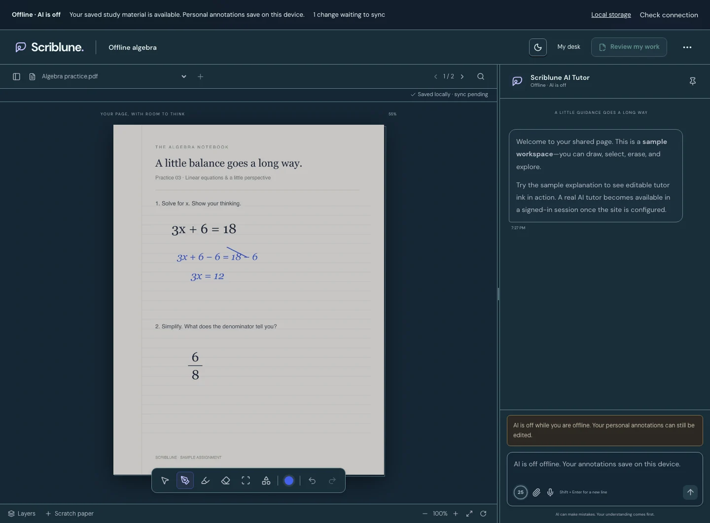 A saved workspace open offline with its offline status and drawing tools visible