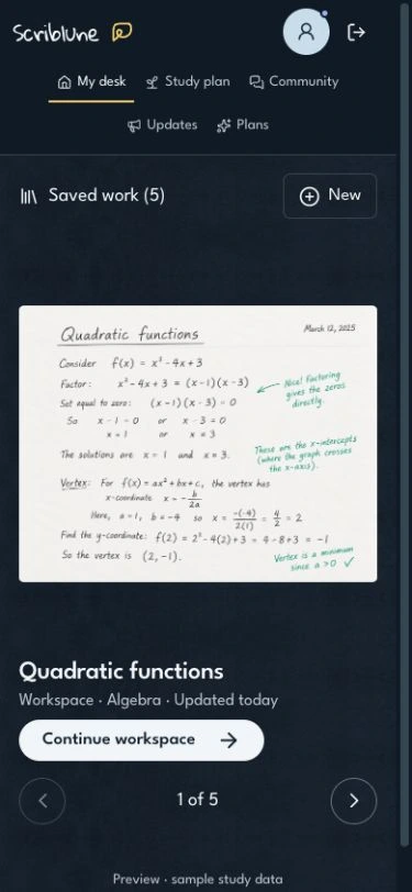 The V2 phone desk showing an example page, Saved work, New, Continue, and previous and next controls